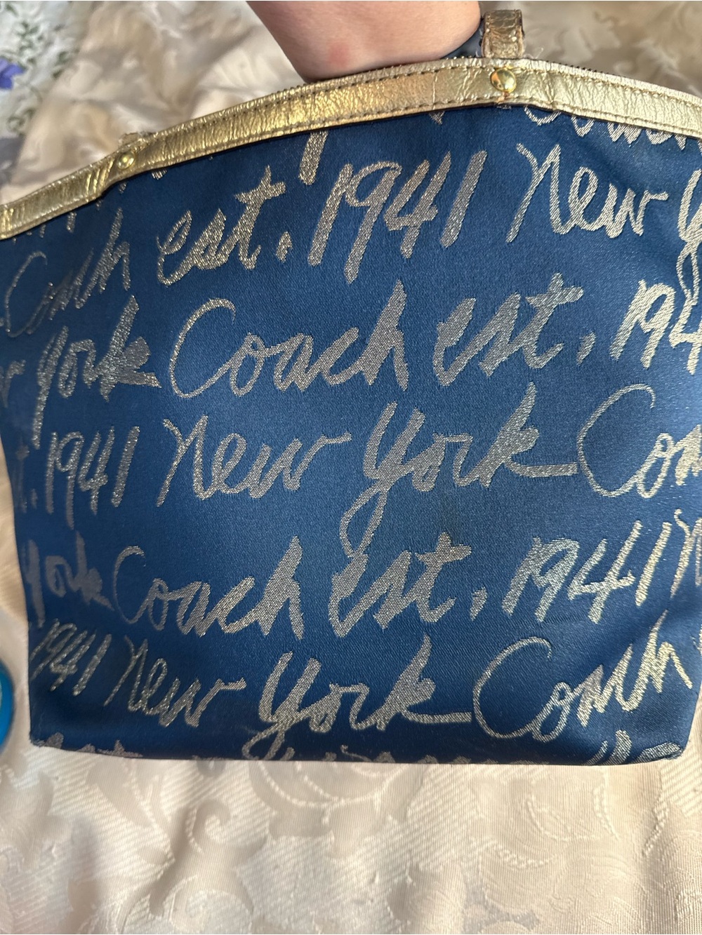 Coach Blue Graffiti Script Tote Bag Gold Trim Heart Charm Zip Top Purse - Picture 7 of 10